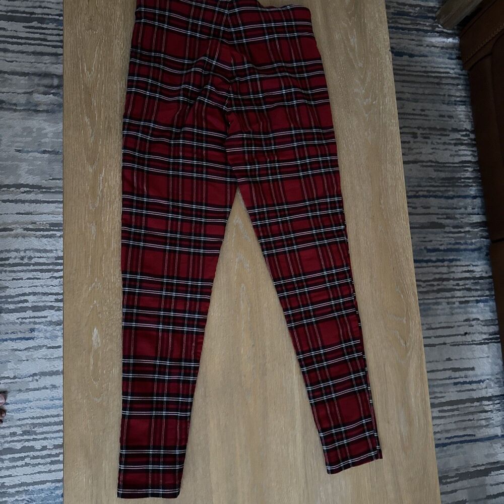 Zara Red Plaid Tartan Zipped Moto Skinny Pants Leggings Size M Grunge Punk Goth - Picture 2 of 10
